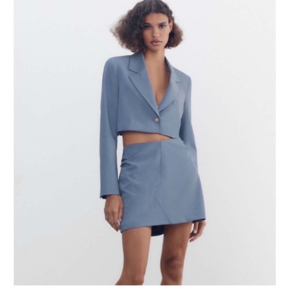Women’s Zara Rouched Dusty Blue Mini Skirt Lined Size M